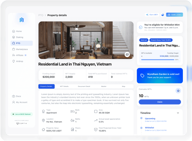 Mey Network investor portal showing a tokenized property and investment details
